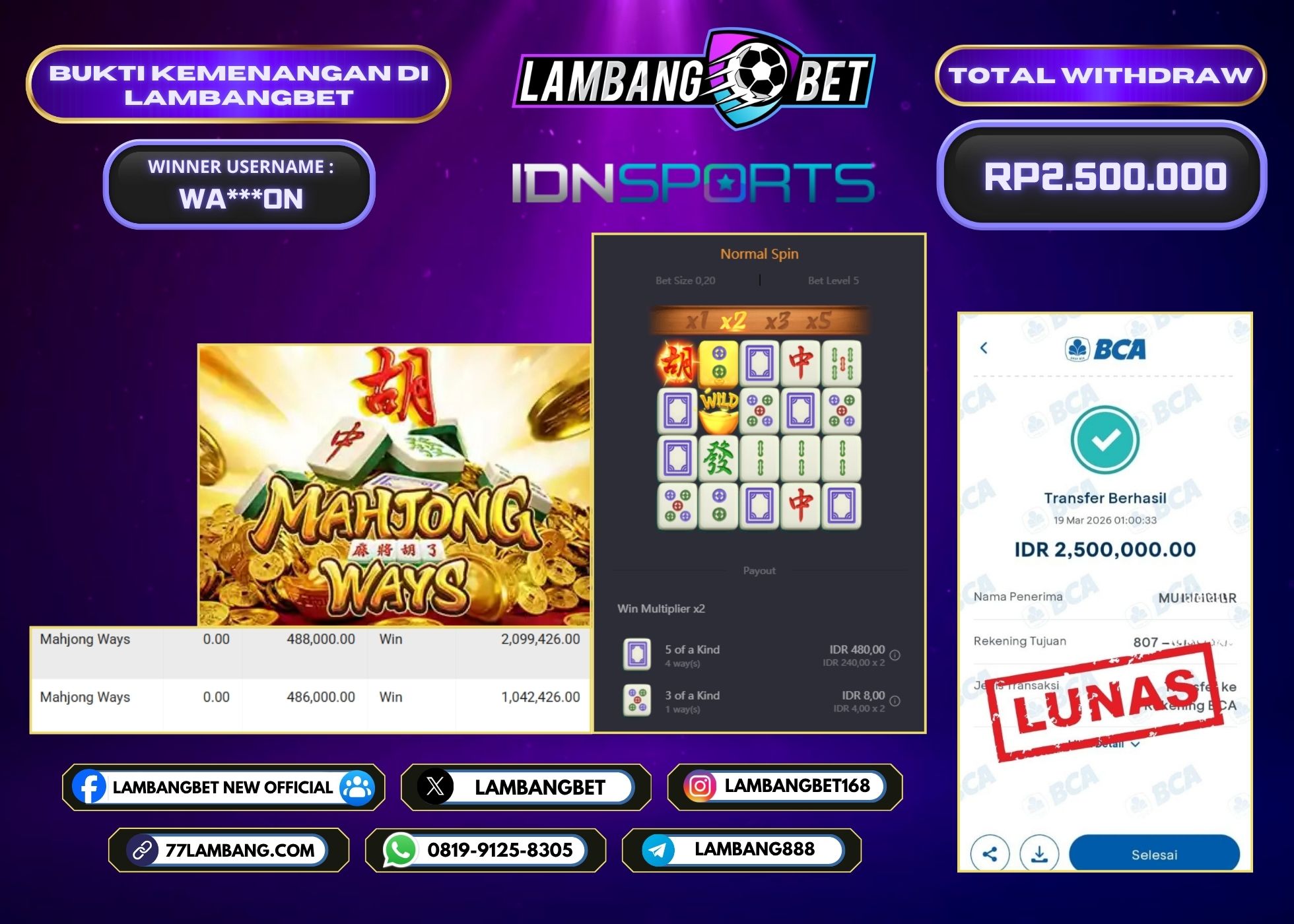 LAMBANGBET [19 MARET 2026] JACKPOT SLOT Mahjong Ways "Rp2.500.000" LUNAS
